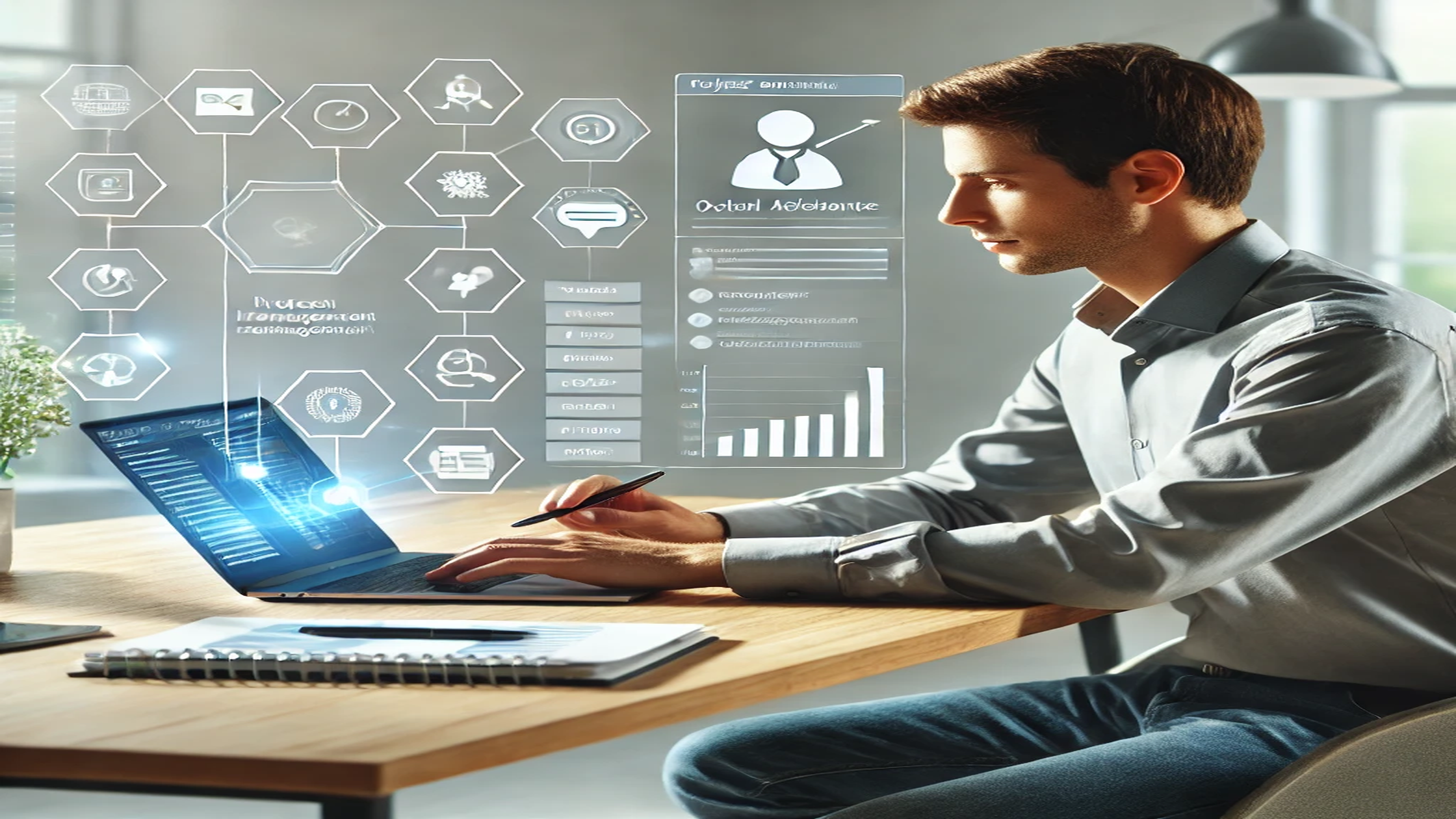 Project manager using virtual assistant support for task coordination in a modern office with project management software interface