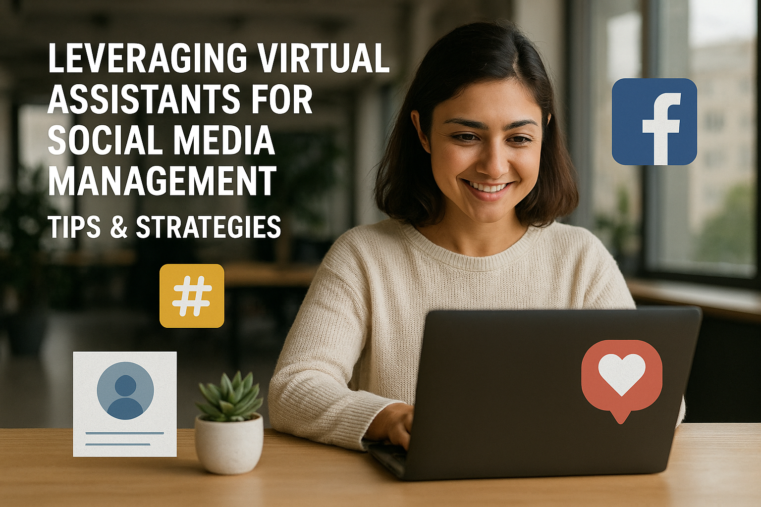 A smiling woman uses a laptop in a modern office surrounded by social media icons, showcasing how leveraging virtual assistants for social media management boosts engagement and efficiency