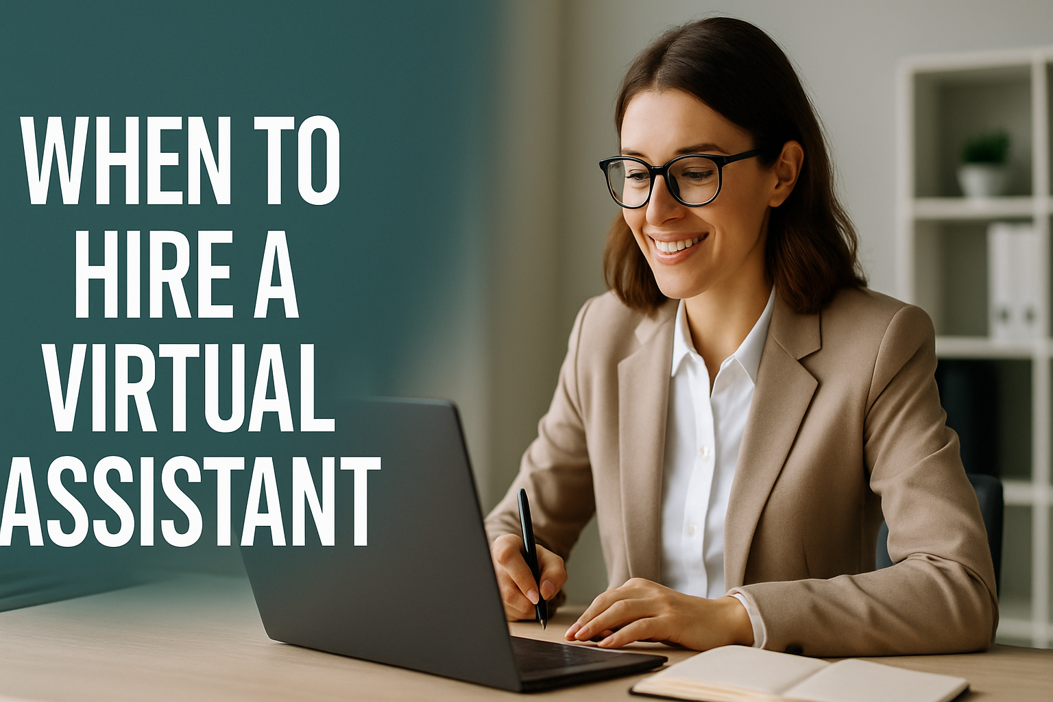Professional woman smiling while working on a laptop in a modern office, representing the benefits of outsourcing non-core tasks and knowing when to hire a virtual assistant for business growth.