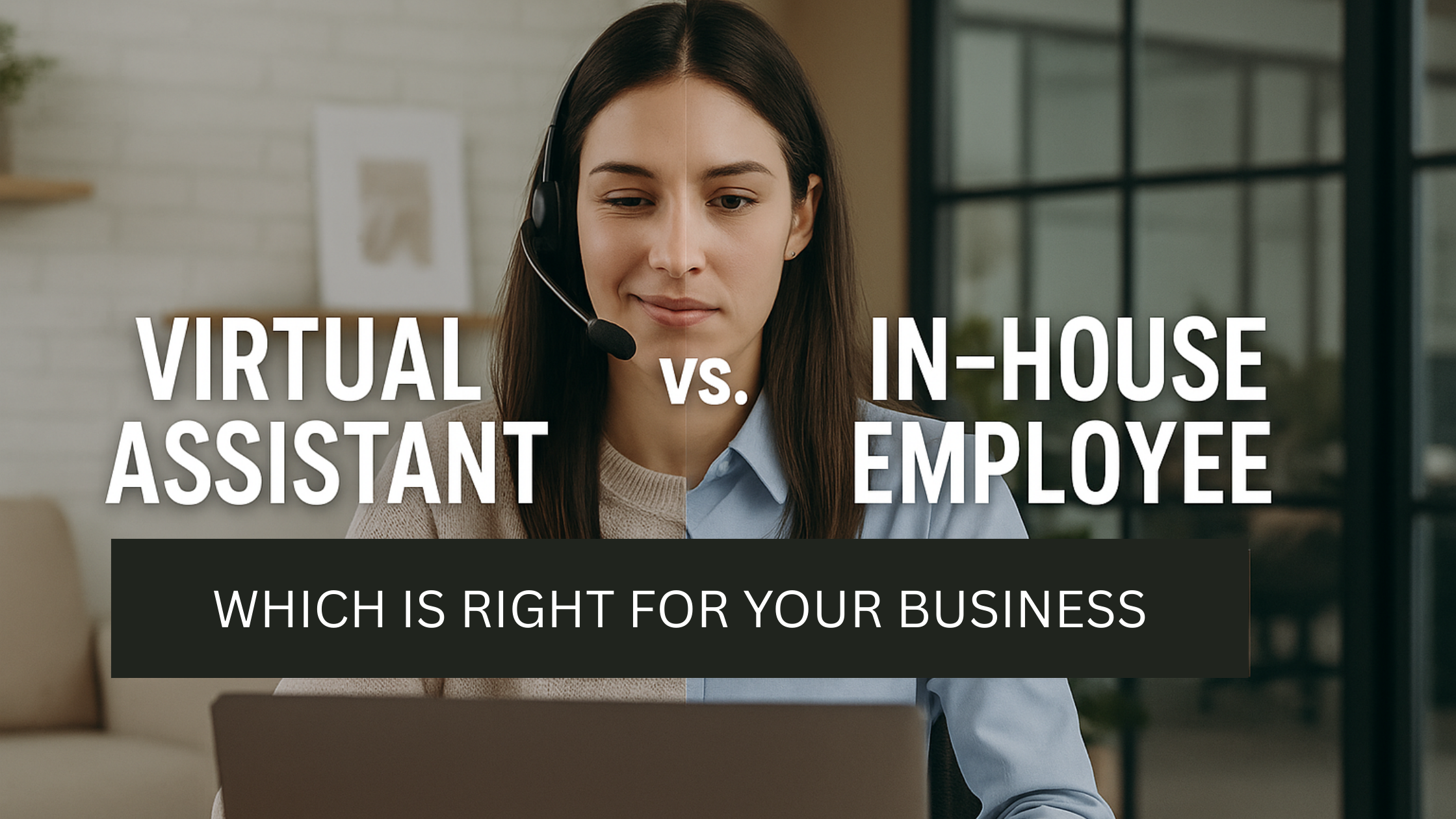 woman as a virtual assistant at home and an in-house employee in an office, with overlaid text asking which is right for your business.
